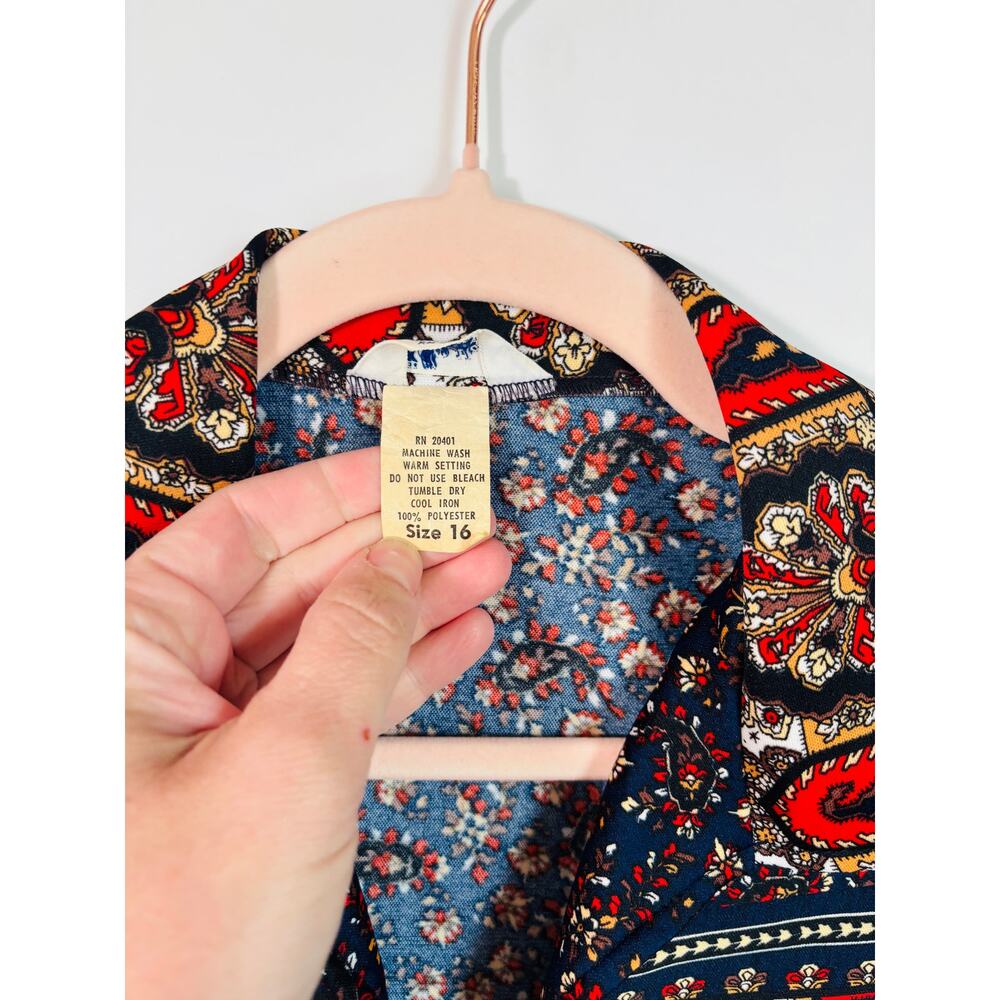 Vintage 70s Floral Paisley Poly Henley Collar Mardi Modes Size Large View 2